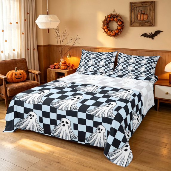 Homewish Halloween Ghost Queen Sheets, Grid Plaid Queen Sheet Sets, Pale Blue Black, 4pcs (1 Flat Sheet, 1 Fitted Sheet and 2 Pillowcases)