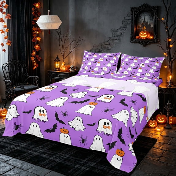 Homewish Halloween Ghost Queen Sheets, Pumpkin Bat Spider Queen Sheet Sets, Purple White Black, 4pcs (1 Flat Sheet, 1 Fitted Sheet and 2 Pillowcases)