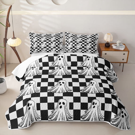 Homewish Halloween Ghost Quilt King, Grid Plaid King Coverlet Set, Black White, 3-Piece 1 Bedspread and 2 Pillowcases