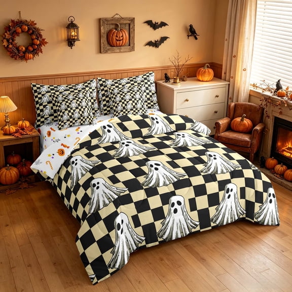 Homewish Halloween Ghost Twin Bedding, Grid Plaid Bedding Comforter Set, Cream Black, Pumpkin Bat Reversible 7 Pieces