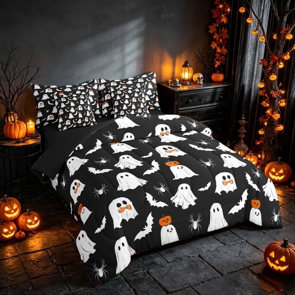 Homewish Halloween Ghost Twin Bedding, Pumpkin Bat Spider Bedding Comforter Set, Black White Orange, Black Reversible 7 Pieces