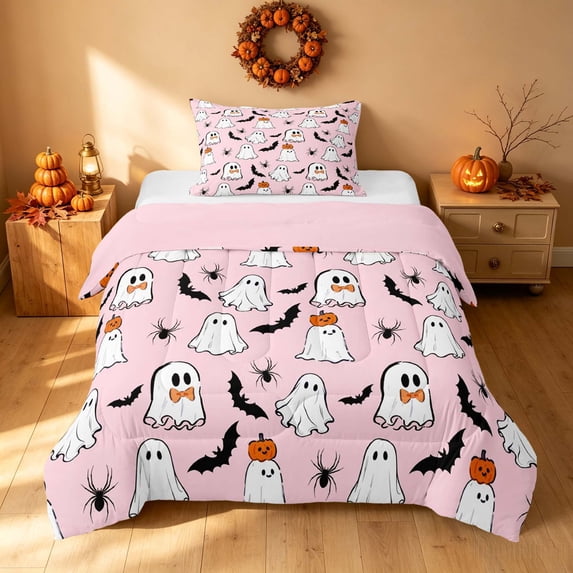 Homewish Halloween Ghost Twin Comforter Sets for Girls, Pumpkin Bat Spider Bedding Set, Light Pink White Black, Pink Reversible, 2 Pieces 1 Comforter and 1 Pillowcase