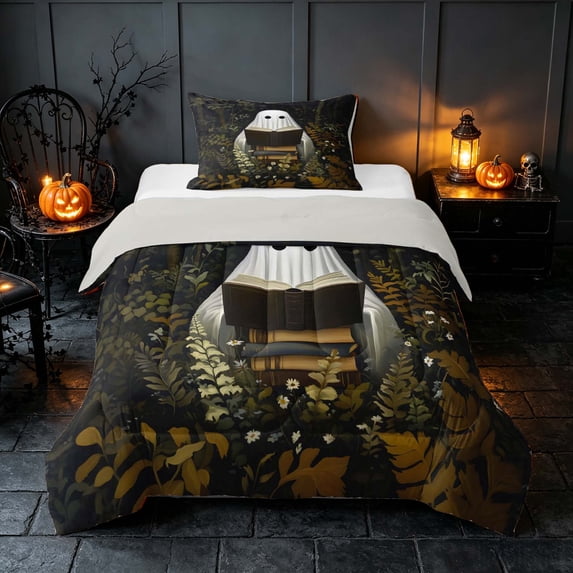 Homewish Halloween Ghost Twin Comforter Sets, Spooky Animal Bedding Set, Dark Olive Green, Gray Reversible, 2 Pieces 1 Comforter and 1 Pillowcase