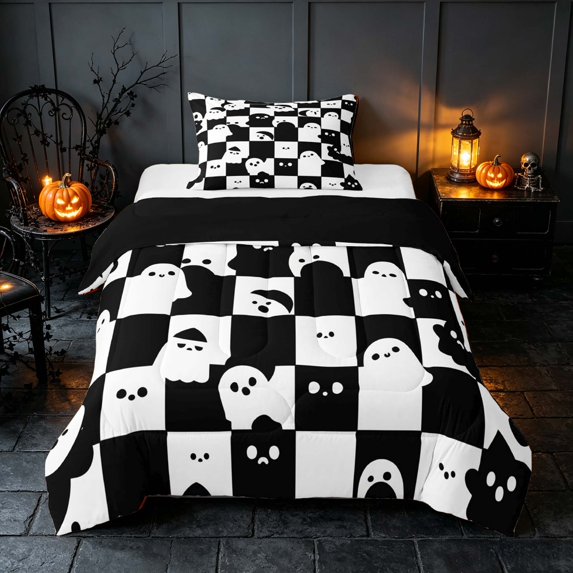 Homewish Halloween Ghost Twin Comforter Sets, Spooky Animal Checkered Bedding Set, Black White, Black Reversible, 2pcs 1 Comforter and 1 Pillowcase