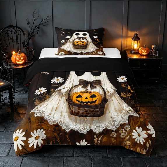 Homewish Halloween Ghost Twin Comforter Sets, Spooky Animal Daisy Bedding Set, Dark Brown White Orange, Black Reversible, 2-Piece 1 Comforter and 1 Pillowcase