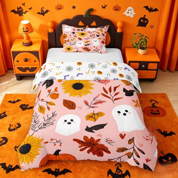 Homewish Halloween Ghost Twin Duvet Cover,Pumpkin Fall Leaf Pattern Twin Bedding,Blush Pink Orange,Halloween Reversible,2 Pieces,1 Duvet Cover and 1 Pillowcase