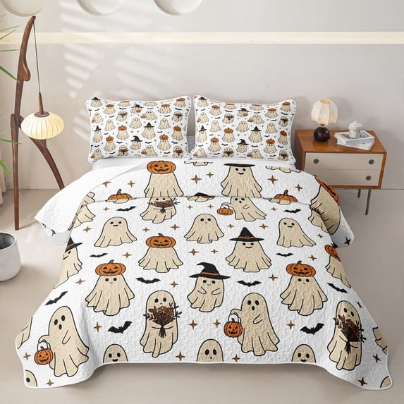 Homewish Halloween Ghost Twin Quilt Set, Witch Hat Pumpkin Twin Coverlet Set, Cream Brown White, 2-Piece 1 Bedspread and 1 Pillowcase