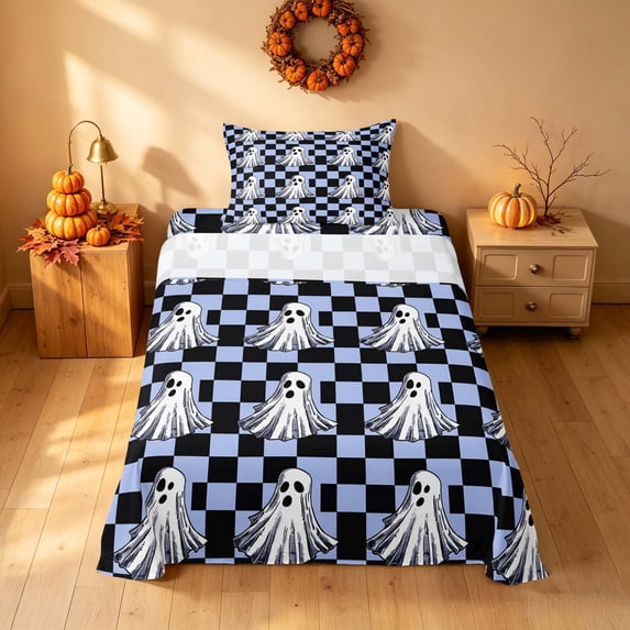 Homewish Halloween Ghost Twin Sheets, Grid Plaid Bedding, Light Blue Black, 3-Piece (1 Flat Sheet, 1 Fitted Sheet and 1 Pillowcase)