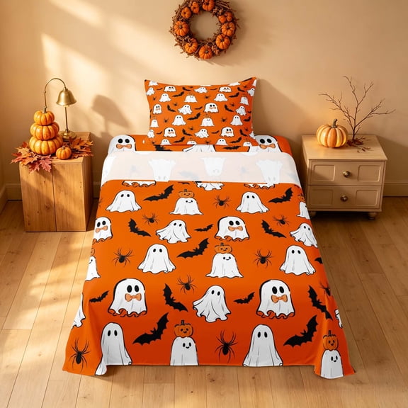 Homewish Halloween Ghost Twin Sheets, Pumpkin Bat Spider Bedding, Bright Orange White Black, 3-Piece (1 Flat Sheet, 1 Fitted Sheet and 1 Pillowcase)