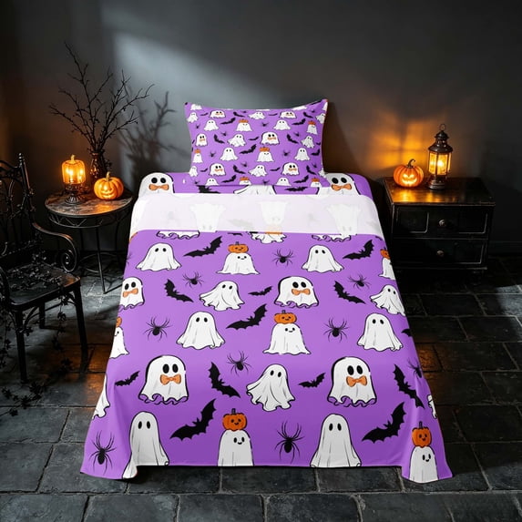 Homewish Halloween Ghost Twin Sheets, Pumpkin Bat Spider Bedding, Purple White Black, 3pcs (1 Flat Sheet, 1 Fitted Sheet and 1 Pillowcase)