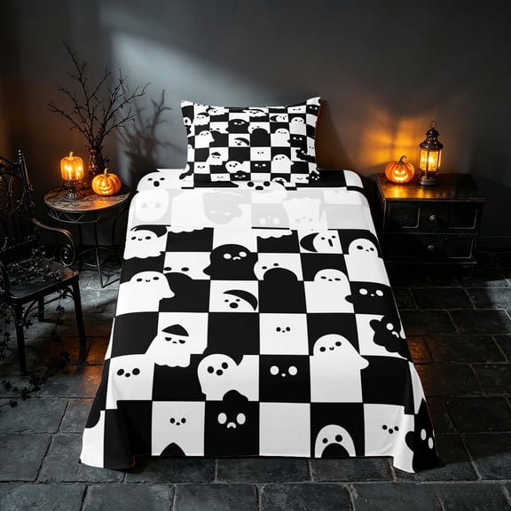 Homewish Halloween Ghost Twin Sheets, Spooky Animal Checkered Bedding, Black White, 3pcs (1 Flat Sheet, 1 Fitted Sheet and 1 Pillowcase)