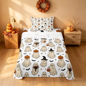 Homewish Halloween Ghost Twin Sheets, Witch Hat Pumpkin Bedding, Cream Brown White, 3 Pieces (1 Flat Sheet, 1 Fitted Sheet and 1 Pillowcase)
