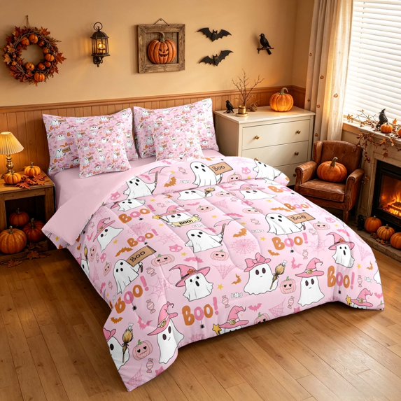 Homewish Halloween Ghost Witch Full Size Bedding Sets for Girls, Spider Web Pumpkin Candy Full Size Bed in a Bag, Light Pink Orange, Pink Reversible 7 Pieces