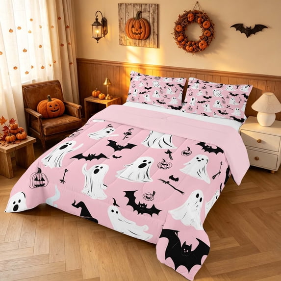 Homewish Halloween Ghost Witch Full Size Comforter Sets for Girls, Pumpkin Bat Skull Bedding Comforter Set, Pink Black White, Pink Reversible, 3pcs 1 Comforter and 2 Pillowcases