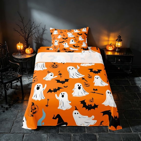 Homewish Halloween Ghost Witch Twin Sheets, Pumpkin Bat Skull Bedding, Orange Black White, 3-Piece (1 Flat Sheet, 1 Fitted Sheet and 1 Pillowcase)