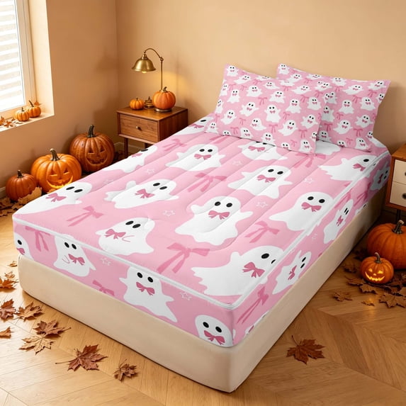 Homewish Halloween Ghost Zipper Queen Comforter Set with Fitted Sheet and 2 Pillowcases for Girls, Star Cute Bowknot Zipper Bedding Set, Baby Pink White, Pink Reversible