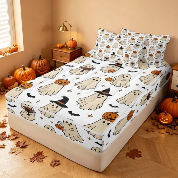 Homewish Halloween Ghost Zipper Queen Comforter Set with Fitted Sheet and 2 Pillowcases, Witch Hat Pumpkin Zipper Bedding Set, Cream Brown White, Pumpkin Bat Reversible