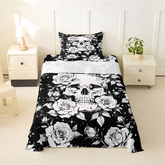 Homewish Halloween Goth Skull Twin Sheets,Victorian Romantic Flowers Bedding,Black White,3 Pieces,1 Fitted Sheet and 1 Pillowcase