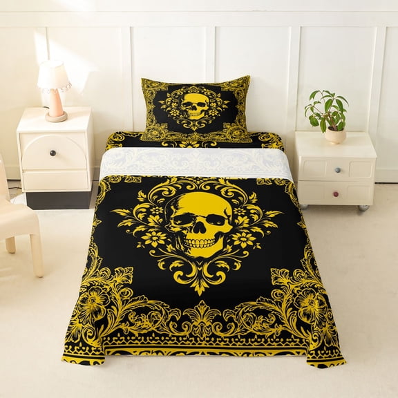 Homewish Halloween Goth Skull Twin Sheets,Vintage Damask Floral Bedding,Black Golden,3pcs,1 Fitted Sheet and 1 Pillowcase