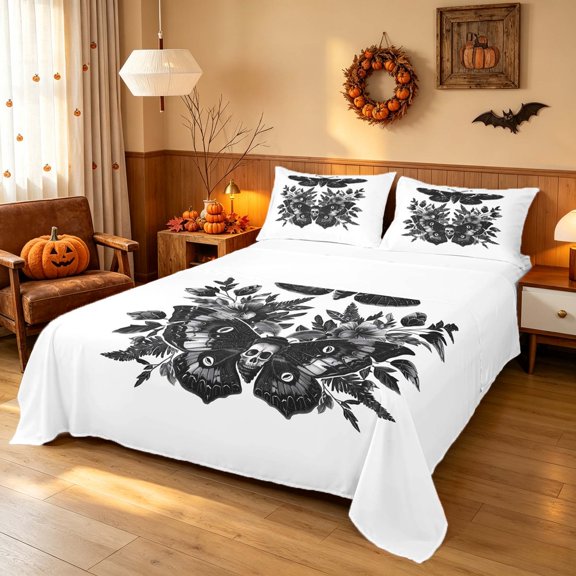 Homewish Halloween Gothic Moth Bed Sheets, Vintage Floral Full Size Sheets, Black White Gray, 4pcs (1 Flat Sheet, 1 Fitted Sheet and 2 Pillowcases)
