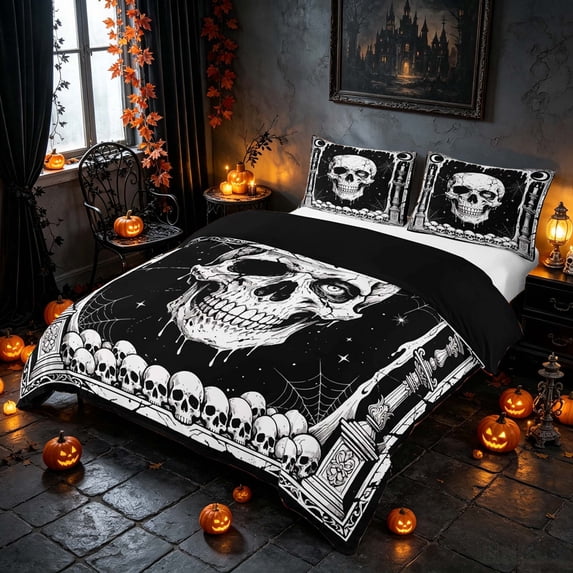Homewish Halloween Gothic Skull Bedding, Candle Spider Moon Duvet Cover Full, Black White, Black Reversible 3pcs, 1 Duvet Cover and 2 Pillowcases