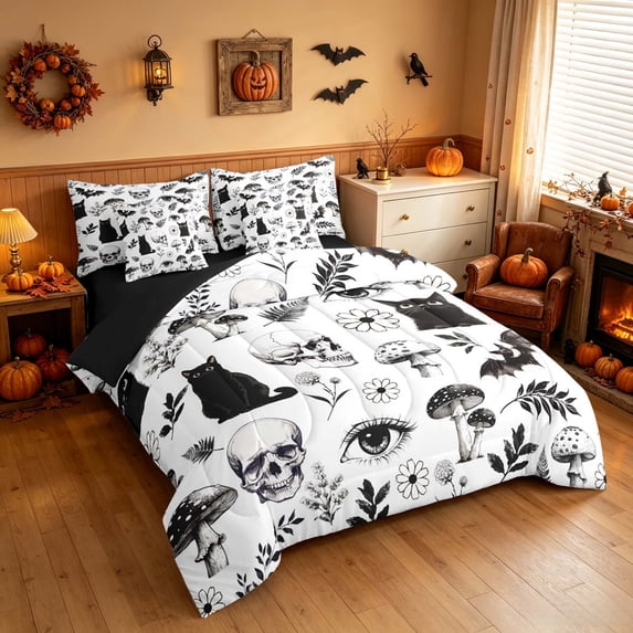 Homewish Halloween Gothic Skull Queen Bedding, Mushroom Daisy Cat Bedding Comforter Set Queen, Black White, Black Reversible 7-Piece