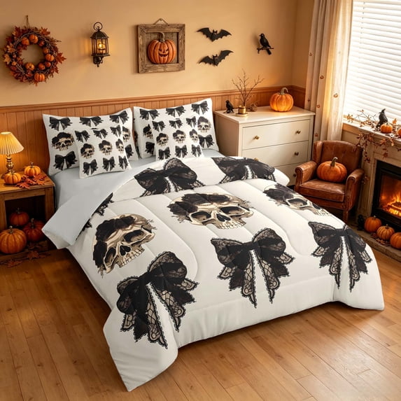 Homewish Halloween Gothic Skull Twin Bedding, Rose Bow Bedding Comforter Set, Beige Black, Gray Reversible 7pcs