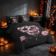 Homewish Halloween Gothic Skull Twin Bedding for Girls, Coquette Rose Bedding Comforter Set, Pink Black, Black Reversible 7-Piece