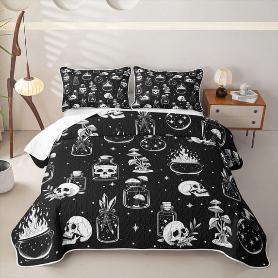 Homewish Halloween Gothic Skull Twin Quilt Set, Magical Mushroom Twin Coverlet Set, Black White, 2 Pieces 1 Bedspread and 1 Pillowcase