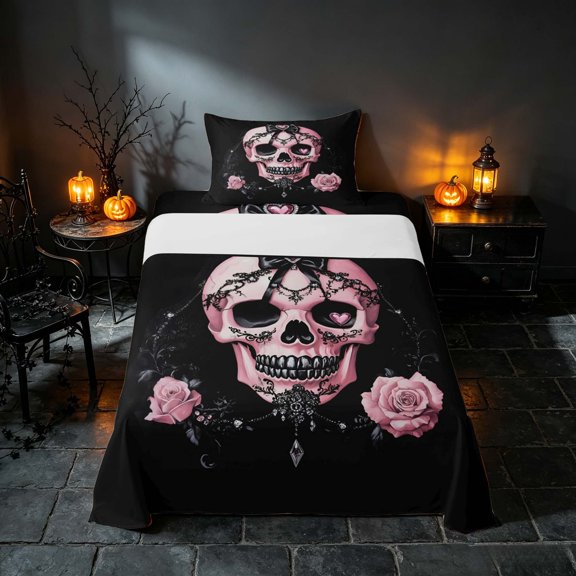 Homewish Halloween Gothic Skull Twin Sheets for Girls, Coquette Rose Bedding, Pink Black, 3-Piece (1 Flat Sheet, 1 Fitted Sheet and 1 Pillowcase)