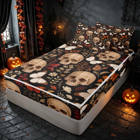 Homewish Halloween Gothic Skull Zipper Twin Comforter Sets with Fitted Sheet and 2 Pillowcases, Butterfly Floral Zipper Bedding Set, Black Cream Rust Orange, Black Reversible
