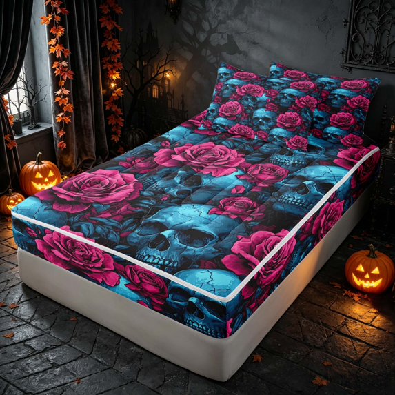 Homewish Halloween Gothic Skull Zipper Twin Comforter Sets with Fitted Sheet and 2 Pillowcases, Retro Rose Floral Zipper Bedding Set, Cyan Magenta Black, Black Reversible