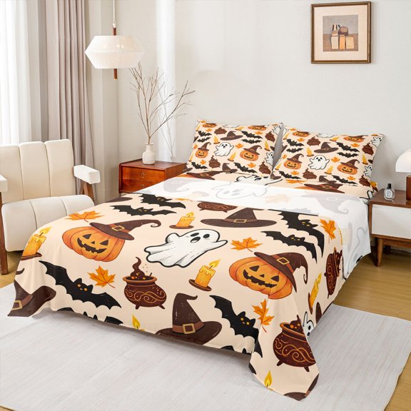 Homewish Halloween Graffiti Bed Sheets for Kids, Orange Witch Pumpkin Ghost Bat Full Size Sheets, 4pcs, 1 Flat Sheet, 1 Fitted Sheet and 2 Pillowcases