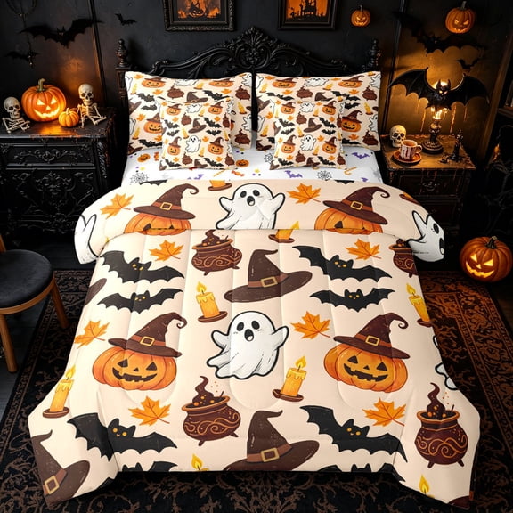 Homewish Halloween Graffiti Full Size Bedding Sets for Kids, Orange Witch Pumpkin Ghost Bat Full Size Bed in a Bag, Halloween Reversible, 7pcs