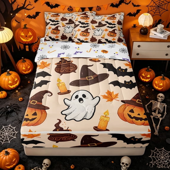 Homewish Halloween Graffiti Zipper Full Size Comforter Sets with Fitted Sheet and 2 Pillowcases for Kids, Orange Witch Pumpkin Ghost Bat Zipper Bedding Set, Halloween Reversible, 4pcs