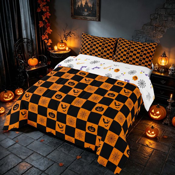 Homewish Halloween Grid Queen Comforter Set, Retro Spider Web Pumpkin Comforter Sets Queen, Orange Black, Pumpkin Bat Reversible, 3pcs 1 Comforter and 2 Pillowcases