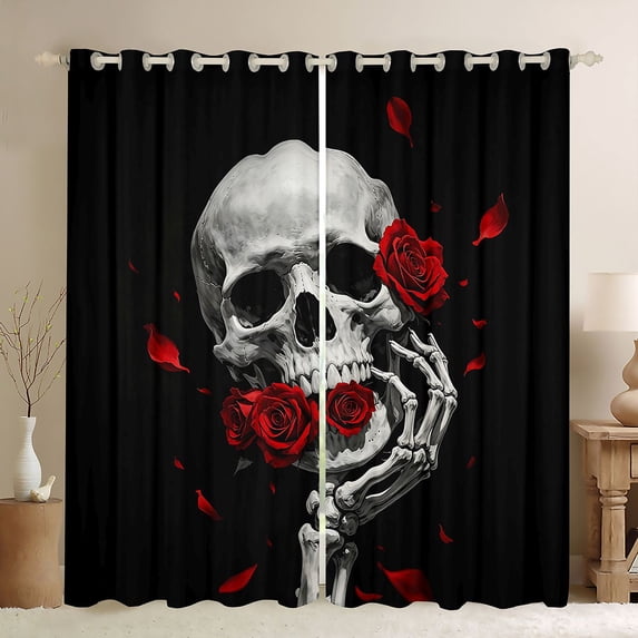 Homewish Halloween Hipple Skull Blackout Curtains,Red Rose Flower Curtains Pack of 2 (42x84 Each)