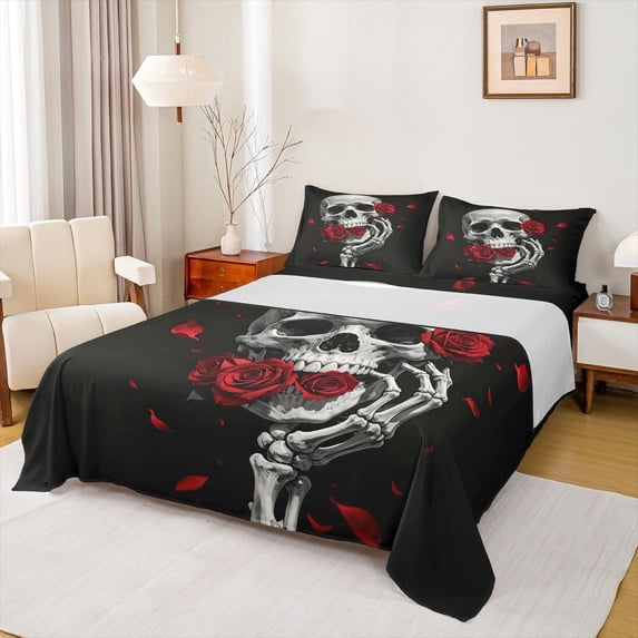 Homewish Halloween Hipple Skull Queen Sheets,Red Rose Flower Queen Sheet Sets,4-Piece,1 Flat Sheet, 1 Fitted Sheet and 2 Pillowcases