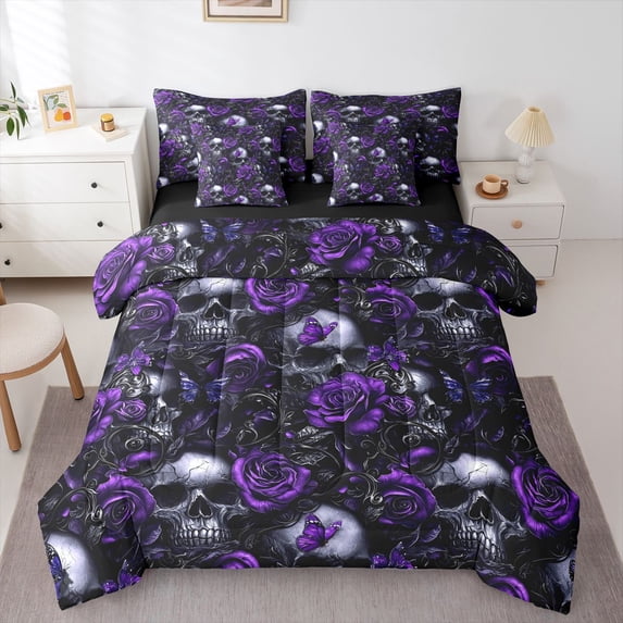 Homewish Halloween Horror Skull 7-Piece Twin Bedding,Goth Romantic Rose Bedding Comforter Set,Purple,Black Reversible