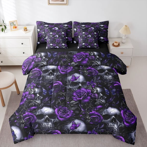 Homewish Halloween Horror Skull 7 Pieces Full Size Bedding Sets,Goth Romantic Rose Full Size Bed in a Bag,Purple,Black Reversible