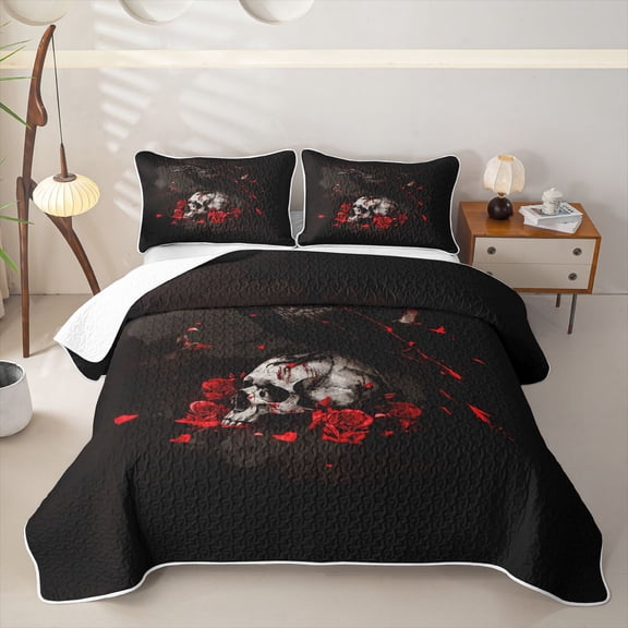 Homewish Halloween Horror Skull Bed Spread Queen,Black Raven Queen Coverlet Set,3-Piece