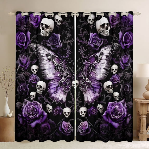 Homewish Halloween Horror Skull Kitchen Curtains,Purple Rose Butterfly Black Out Curtains Pack of 2 (42x63 Each)