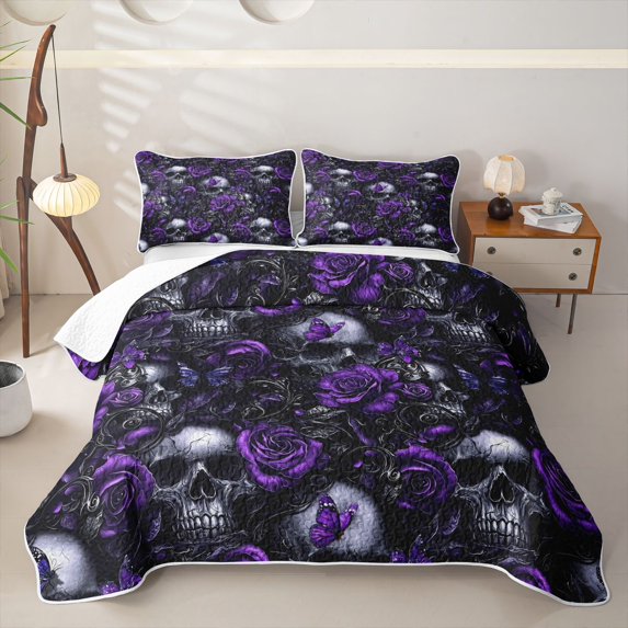Homewish Halloween Horror Skull Twin Quilt Set,Goth Romantic Rose Twin Coverlet Set,Purple,2 Pieces