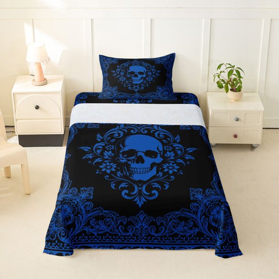 Homewish Halloween Horror Skull Twin Sheets,Boho Damask Flower Bedding,Blue,3pcs,1 Fitted Sheet and 1 Pillowcase