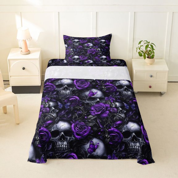 Homewish Halloween Horror Skull Twin Sheets,Goth Romantic Rose Bedding,Purple,3 Pieces,1 Fitted Sheet and 1 Pillowcase