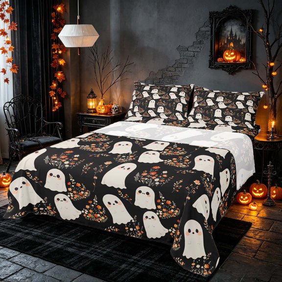 Homewish Halloween Kawaii Ghost Bed Sheets, Wildflower Full Size Sheets, Black Cream Orange Red, 4 Pieces (1 Flat Sheet, 1 Fitted Sheet and 2 Pillowcases)