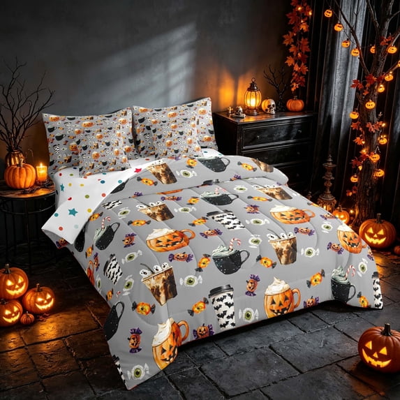 Homewish Halloween King Bedding, Candy Pumpkin King Bed in a Bag, Gray, Polka Dots Reversible 7 Pieces