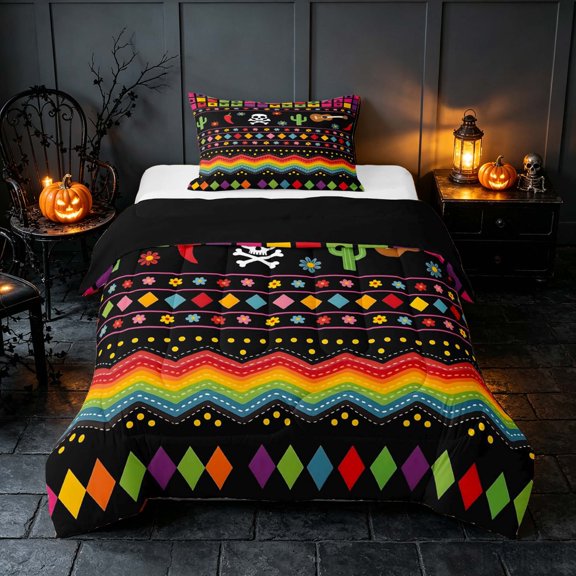 Homewish Halloween Mexican Folk Twin Comforter Sets, Skull Cactus Guitar Bedding Set, Black Multicolor, Black Reversible, 2pcs 1 Comforter and 1 Pillowcase