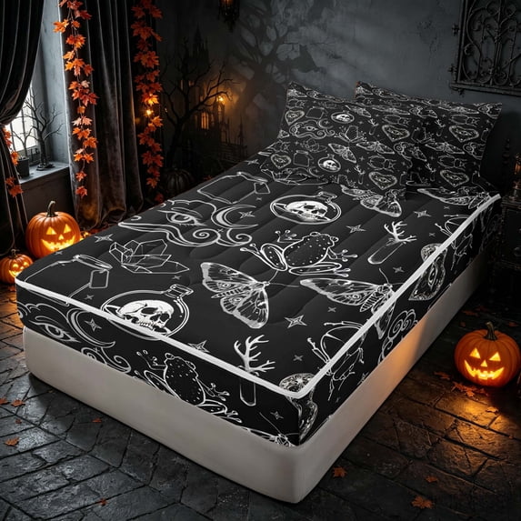 Homewish Halloween Mystic Moth Zipper Full Size Comforter Sets with Fitted Sheet and 2 Pillowcases, Hippie Crystal Eye Zipper Bedding Set, Black Gray White, Black Reversible