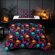 Homewish Halloween Neon Skull Twin Comforter Sets, Gothic Flower Bedding Set, Gold Teal Magenta Black, Black Reversible, 2pcs 1 Comforter and 1 Pillowcase
